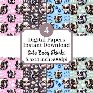 以下が含まれることがあります： 4つのデジタルペーパーデザインは、それぞれ異なる色の背景に、かわいい赤ちゃんスカンクが描かれています。各デザインは、赤ちゃんスカンクと花が繰り返されるパターンになっています。画像の中央には、「4 Digital Papers Instant Download Cute Baby Skunks 8.5x11 inch 300dpi」というテキストが表示されています。