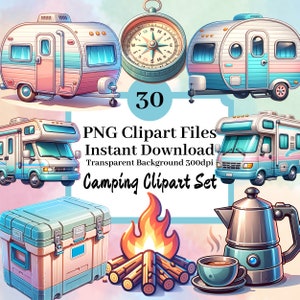 Ensemble de 30 cliparts de camping, lot de 30 fichiers PNG sur le thème extérieur adorables Scrapbooking numérique autocollant Images camping-car RV tente sac à dos cabine remorque