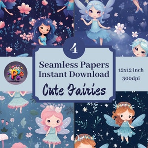 Cute Fairies Printable Background Scrapbook Papers, 12x12 Seamless Pattern Set Of 4 Instant Download Fairy Fairies Fairy Paper Enchanted