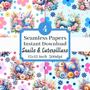 Schnecken & Raupen 12x12 nahtlose Muster digitales Papier druckbare Hintergrund Scrapbook Papiere Set von 4 Instant Download niedliche Bug Grafiken