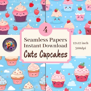 Cute Cupcakes Printable Background Scrapbook Papers, 12x12 Seamless Pattern Set Of 4 Instant Download Kawaii Birthday Party Baby Shower