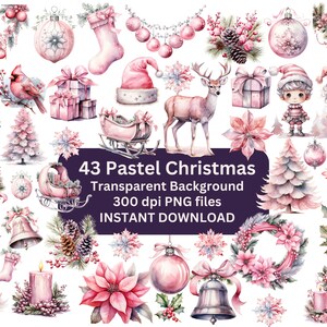 Pastel Christmas Clipart Set, Snowflake Clipart, Xmas Clipart, Pink Christmas, Watercolor, Commercial Use, Holiday Clipart, Winter Bundle