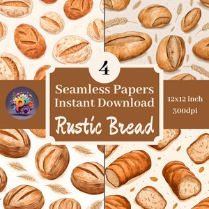 May include: Four seamless digital paper patterns featuring illustrations of rustic bread loaves in various shapes and sizes. The patterns are 12x12 inches and 300dpi.