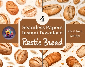 Rustykalny chleb do druku tło do scrapbookingu, 12x12 bezszwowy wzór zestaw 4 natychmiastowe pobieranie cyfrowy wzór papieru chlebowego na zakwasie