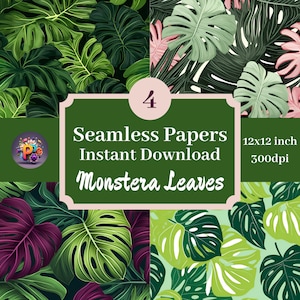 May include: Four seamless digital paper patterns featuring green, white, and pink monstera leaves. The patterns are 12x12 inches and 300dpi.