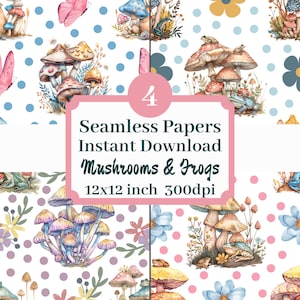 Cogumelos e sapos 12x12 padrão sem costura papel digital para impressão de fundo papéis de scrapbook conjunto de 4 download instantâneo gráficos bonitos da natureza