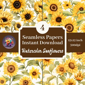 Watercolor Sunflowers Printable Background Scrapbook Papers 12x12 Seamless Pattern Set Of 4 Instant Download Sunflower Flowers Pattern