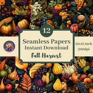 May include: A set of 12 digital seamless patterns featuring a fall harvest theme. The patterns include various fruits, vegetables, and leaves in shades of red, orange, yellow, green, and brown. The patterns are 12x12 inches and 300dpi.