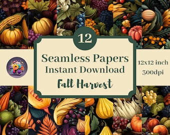 Fall Harvest Digital Paper, Printable Background, Scrapbook Papers, 12x12 Seamless Pattern Set Of 12, Instant Download, Thanksgiving, Autumn