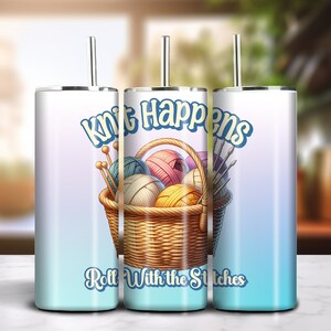 Knit Happens 20oz Skinny Tumbler Sublimation Bunte Farbverlauf Design Download PNG 300dpi DIY Wrap Lustiges Dummes Stricken Spruch Bild 3