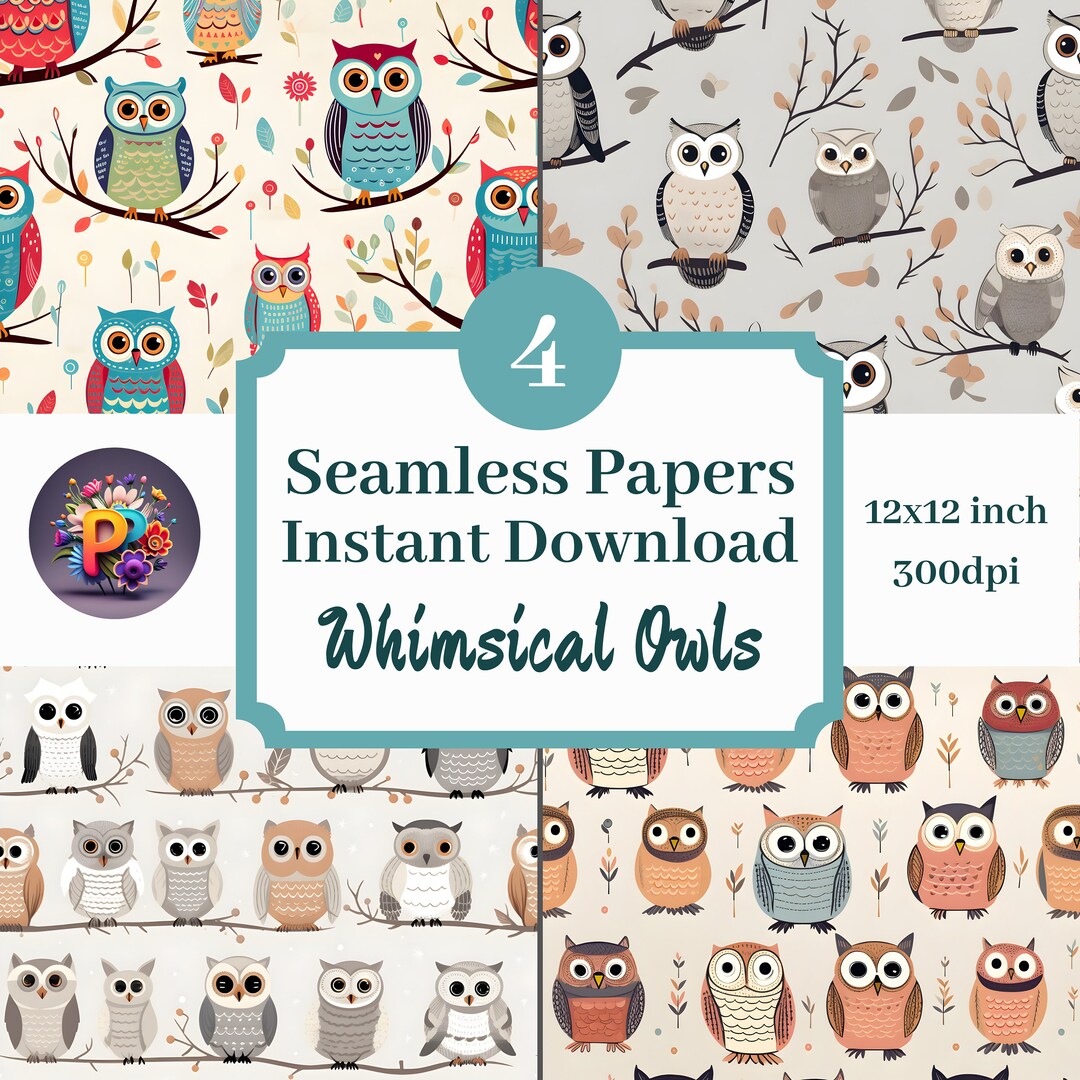 Whimsical Owls 12x12 Digital Paper Printable Background Scrapbook ...