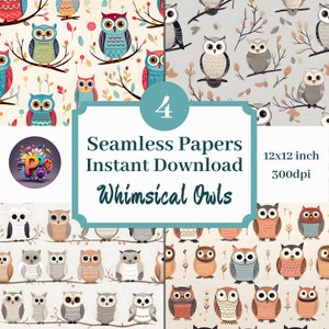 Hiboux lunatiques 12 x 12 papier numérique fond imprimable Scrapbooking Papers Pattern Set de 4 graphiques pour amoureux de hibou gris en téléchargement immédiat