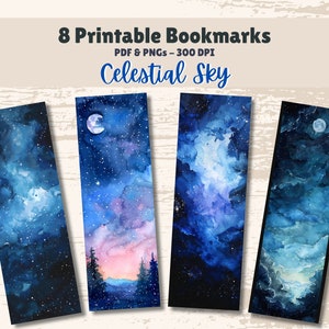 Printable Bookmarks Set of 8 Digital Download 11x8.5 PDF and Separate PNGs Great For Sublimation Designs Book Lover Gift Celestial Sky