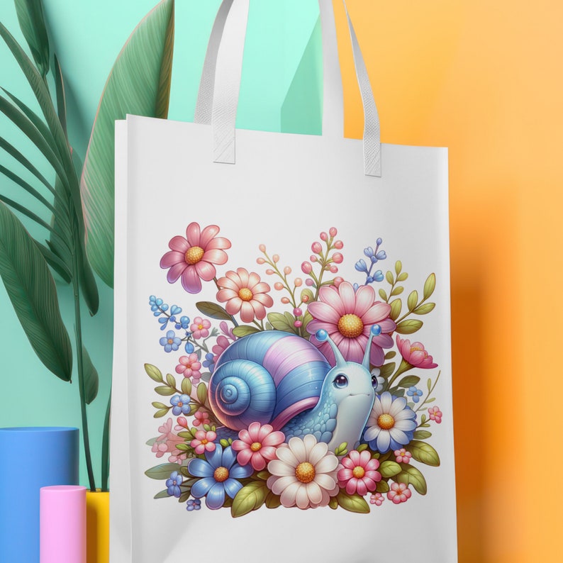 May include: A white tote bag with a colorful illustration of a blue and pink snail surrounded by pink, blue, and white flowers.