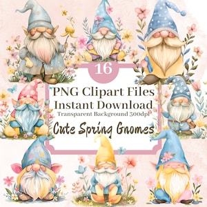Cute Spring Gnome Clipart Bundle Set of 16 PNG Transparent Background Files Fairy Garden Floral Pastel Flower Graphics Scrapbook Images