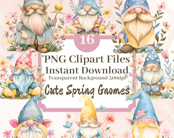 Süßer Frühling Gnome Clipart Bundle-Set mit 16 PNG transparenten Hintergrund Dateien Fee Garten Blumen Pastell Blumen Grafiken Scrapbook Bilder