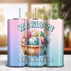 Knit Happens 20oz Skinny Tumbler Sublimation Bunte Farbverlauf Design Download PNG 300dpi DIY Wrap Lustiges Dummes Stricken Spruch Bild 1