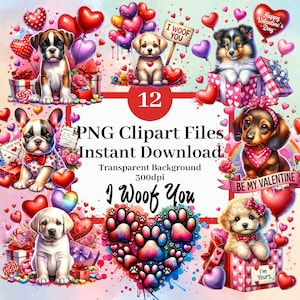 I Woof You aquarel Valentine puppy clipart set van 12 Instant Download PNG clipart transparante achtergrond schattige hond Valentijnsdag graphics