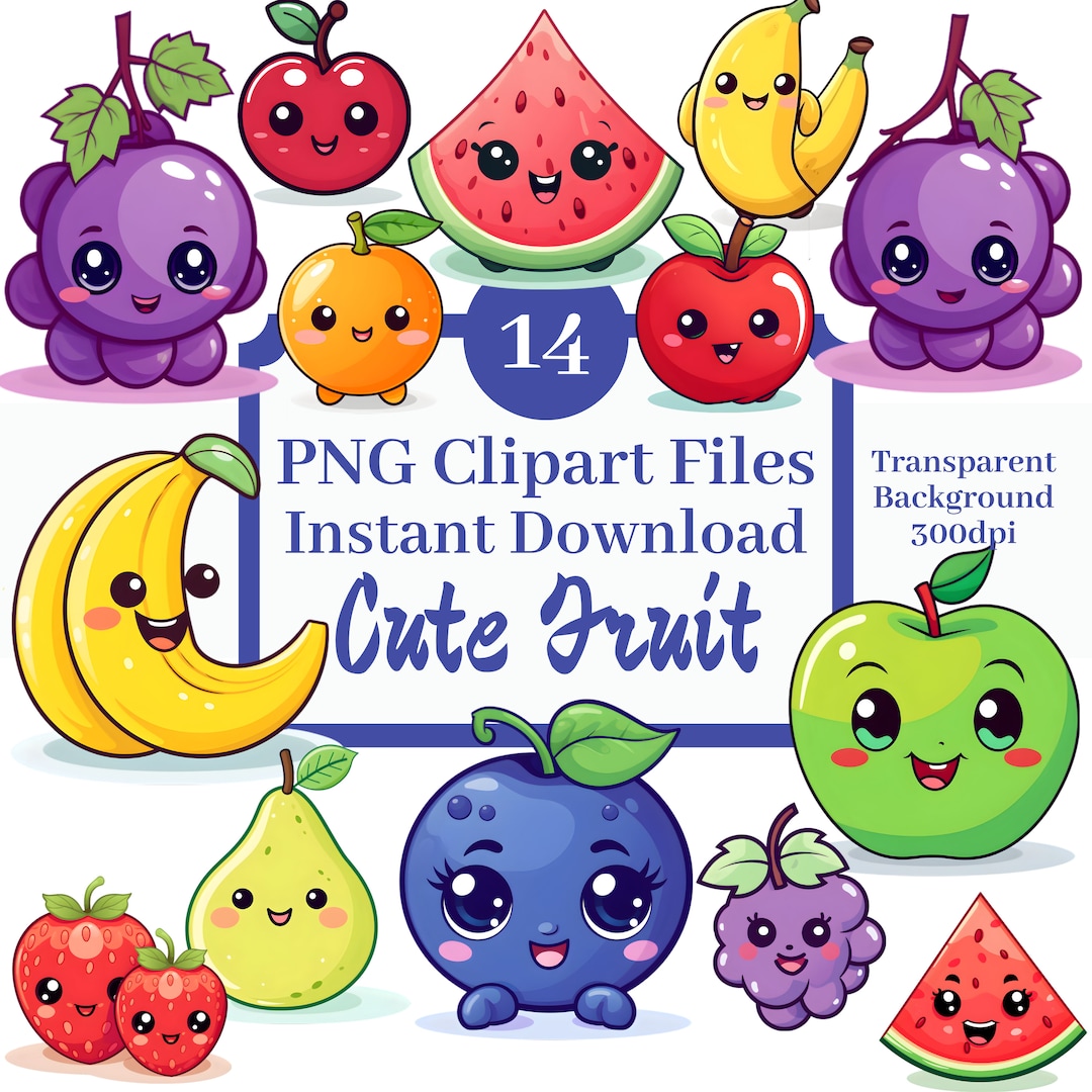 Cute Fruit Clipart Set of 14 Clipart Files Kawaii Fruit Banana Grapes ...