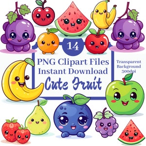 Lindo conjunto de imágenes prediseñadas de frutas de 14 archivos de imágenes prediseñadas Kawaii fruta plátano uvas manzana fresa arándano naranja sandía adorable paquete de frutas