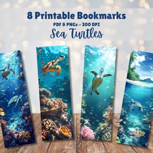 Ensemble de 8 signets imprimables en téléchargement numérique 11 x 8,5 PDF et fichiers PNG séparés, idéal pour les sublimations, les amoureux des livres, les tortues de mer sur le thème de l'océan