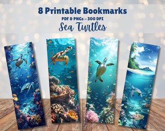 Printable Bookmarks Set of 8 Digital Download 11x8.5 PDF and Separate PNGs Great For Sublimations Book Lover Gift Ocean Theme Sea Turtles