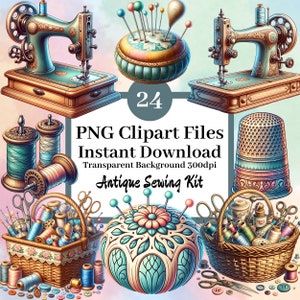 Antique Sewing Kit Clipart Bundle Set of 24 Clipart Files Digital Scrapbook Sticker Images Vintage Tailor&#39;s Tools Sewing Machine Pin Cushion