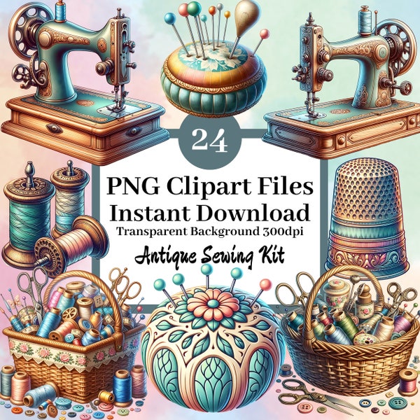Antique Sewing Kit Clipart Bundle Set of 24 Clipart Files Digital Scrapbook Sticker Images Vintage Tailor's Tools Sewing Machine Pin Cushion
