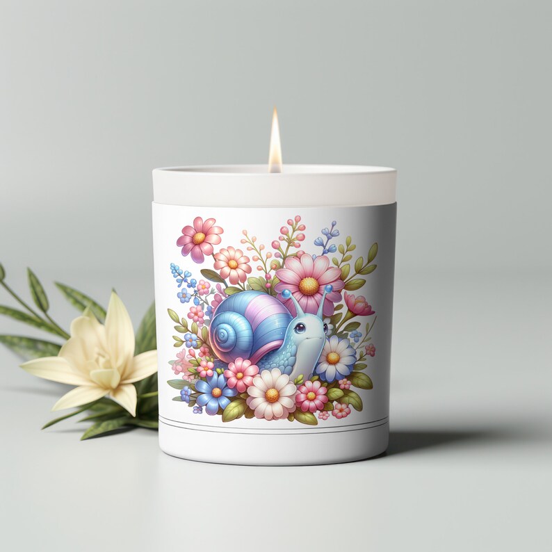 May include: A white candle with a blue and pink snail surrounded by flowers. The snail is on a white background with a black border.