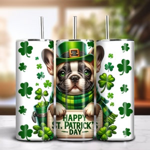 St. Patrick&#39;s 20oz Skinny Tumbler Sublimation Design Instant Digital Download PNG 300dpi DIY Frenchie French Bulldog Lover Tumbler Wrap #4