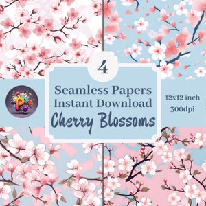 Cherry Blossoms Printable Background Scrapbook Papers 12x12 Seamless Pattern Set Of 4 Instant Download Floral Bundle Japanese Blossom
