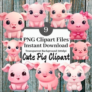 Lindo cerdo clipart conjunto de 9 archivos PNG imágenes prediseñadas Kawaii cerdos rosa cerdo gráficos, descarga instantánea, amantes de los cerdos vivero de animales dulce paquete de lechones
