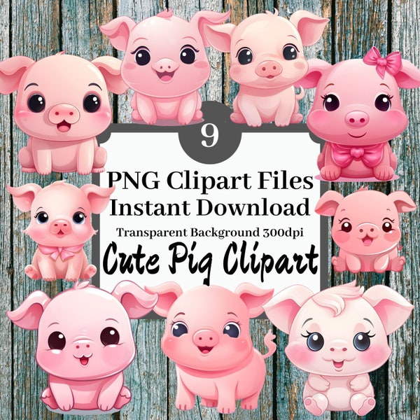 Cute Pig Clipart Set of 9 Clipart PNG Files Kawaii Pigs Pink Pig Graphics, Instant Download, Pig Lovers Animal Nursery Sweet Piglet Bundle