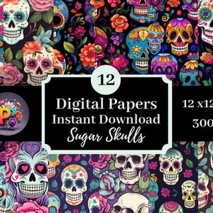 Sugar Skulls Digitales Papier, druckbarer Hintergrund, Scrapbook-Papiere, 12x12 nahtlose Muster 12er-Set, Sofortiger Download, Halloween