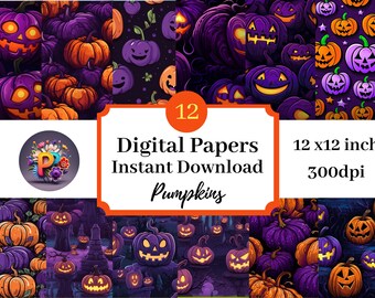 Pumpkins Digital Paper, Printable Background, Scrapbook Papers, 12x12 Seamless Pattern Set Of 12, Halloween Pumpkin, Jack-O-Lantern