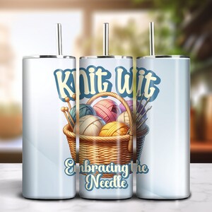 Knit Wit 20oz Skinny Tumbler Sublimation Farbverlauf Design Download PNG 300dpi DIY Wrap Lustiges Dummes Stricken Spruch Bild 3