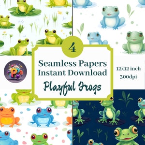 Grenouilles espiègles Papier numérique imprimable fond Scrapbooking Papers 12 x 12 Pattern Set de 4 téléchargement immédiat Frog Lover Graphics