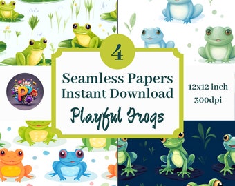 Verspielte Frösche Digitales Papier druckbare Hintergrund Scrapbook Papiere 12 x 12 nahtlose Muster-Set 4 Instant Download Frosch-Liebhaber Grafiken