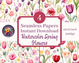 Acquerello Primavera Fiori Stampabile Sfondo Scrapbook Papers 12x12 Seamless Pattern Set di 4 Stampa modello Tulipano pastello Download immediato