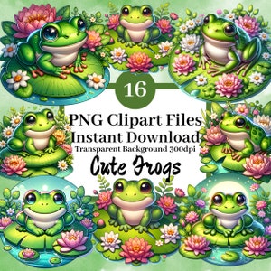Cute Frogs Clipart Bundle Conjunto de 16 Arquivos Clipart Digital Scrapbook Adesivo Imagens Floral Toads Pond Froggy Lily Pad Fundo Transparente