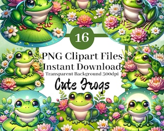 Cute Frogs Clipart Bundle Set of 16 Clipart Files Digital Scrapbook Sticker Images Floral Toads Pond Froggy Lily Pad Transparent Background