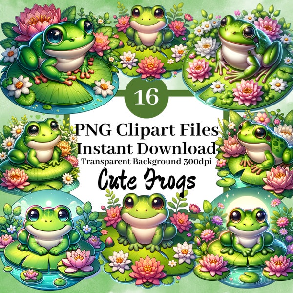 Cute Frogs Clipart Bundle Set of 16 Clipart Files Digital Scrapbook Sticker Images Floral Toads Pond Froggy Lily Pad Transparent Background