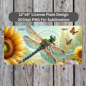 May include: A 12" x 6" license plate design featuring a dragonfly with blue and green wings, flying over a field of sunflowers and butterflies. The design is 300dpi PNG for sublimation.