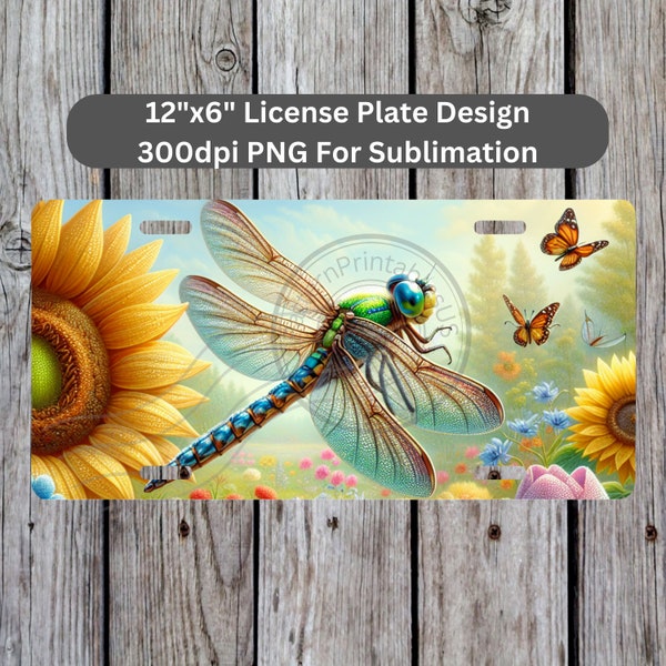 Dragonfly License Plate Sublimation Design Instant Download PNG 300dpi DIY Front Car Plates Colorful Flowers Butterfly Digital Graphic