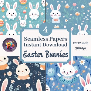 Easter Bunnies Printable Background Scrapbook Papers, 12x12 Seamless Pattern Set Of 4 Instant Download Easter Bunny Cute Bunny Digital Paper