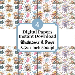 Cogumelos e sapos 8,5x11 padrão de repetição papel digital para impressão fundo scrapbook ilustrações conjunto de 4 download instantâneo impressão da natureza
