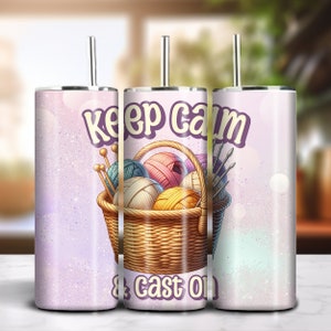 Keep Calm & Cast On Knitting 20oz Skinny Tumbler Sublimation Buntes Glitzerdesign Download PNG 300dpi DIY Wrap Lustiger alberner Strickspruch