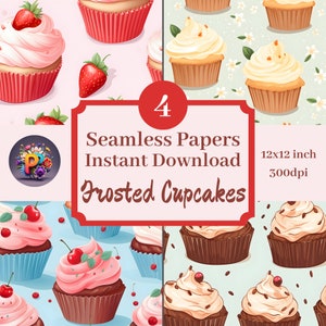 Puede incluir: Cuatro diseños de papel digital con patrones sin costuras de cupcakes glaseados. Los diseños incluyen cupcakes rosas y blancos con cerezas y fresas, y cupcakes de chocolate con glaseado blanco y chispas. Cada diseño mide 12x12 pulgadas y 300dpi.