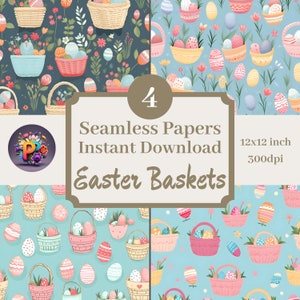 May include: Four seamless digital paper designs featuring pastel colored Easter baskets filled with colorful eggs on a blue and green background. The text "4 Seamless Papers Instant Download Easter Baskets" is displayed in a brown rectangle.