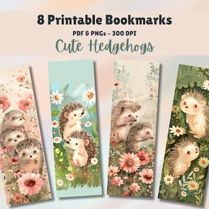 Printable Bookmarks Set of 8 Digital Download 11x8.5 PDF and Separate PNGs Great For Sublimations Book Lover Gift Cute Hedgehogs